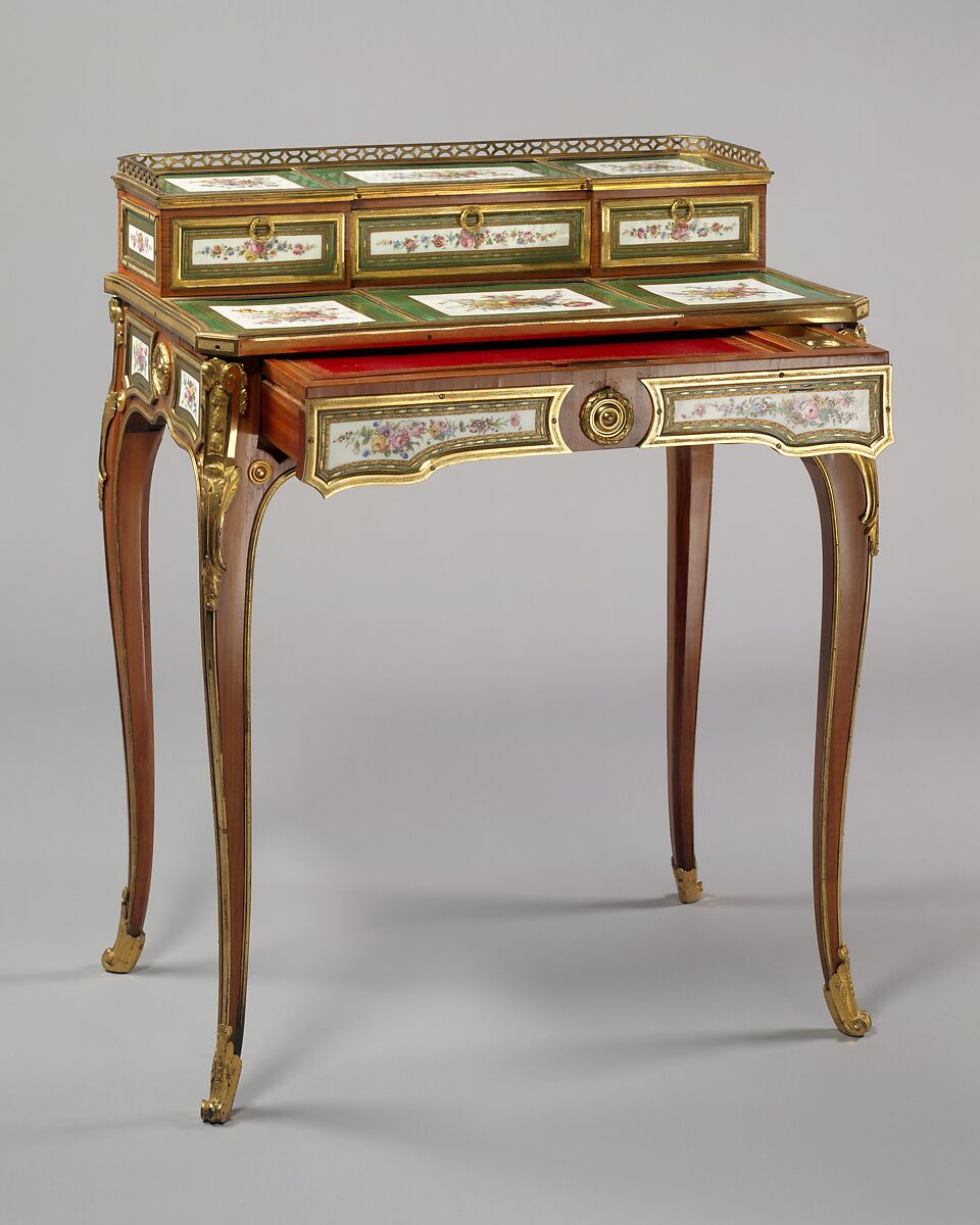 Desk (bonheur du jour), Martin Carlin (French, near Freiburg im Breisgau ca. 1730–1785 Paris), Oak, mahogany, tulipwood, sycamore, ebony, box and harewood, gilt-bronze mounts, soft-paste porcelain, French, Paris and Sèvres