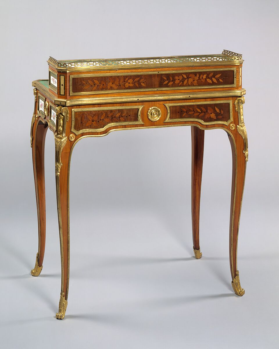 Desk (bonheur du jour), Martin Carlin (French, near Freiburg im Breisgau ca. 1730–1785 Paris), Oak, mahogany, tulipwood, sycamore, ebony, box and harewood, gilt-bronze mounts, soft-paste porcelain, French, Paris and Sèvres