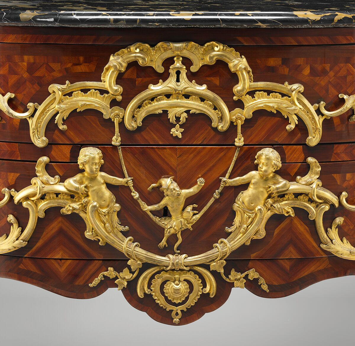 Commode, Charles Cressent (French, Amiens 1685–1768 Paris), Pine and oak veneered with amaranth and bois satiné; drawer bottoms of walnut, drawer sides of oak, drawer fronts of pine; gilt-bronze mounts; portoro marble top, French, Paris