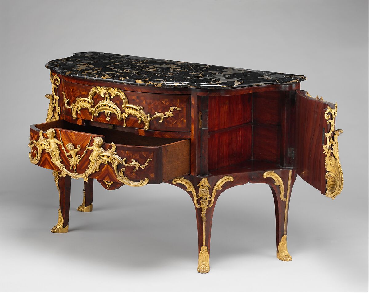 Commode, Charles Cressent (French, Amiens 1685–1768 Paris), Pine and oak veneered with amaranth and bois satiné; drawer bottoms of walnut, drawer sides of oak, drawer fronts of pine; gilt-bronze mounts; portoro marble top, French, Paris