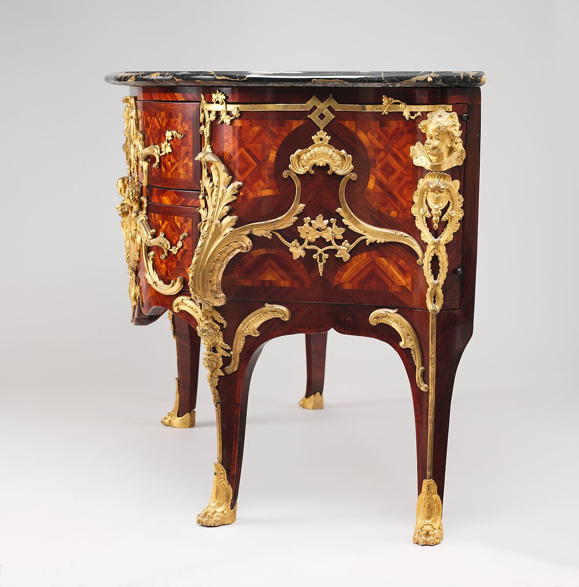 Commode, Charles Cressent (French, Amiens 1685–1768 Paris), Pine and oak veneered with amaranth and bois satiné; drawer bottoms of walnut, drawer sides of oak, drawer fronts of pine; gilt-bronze mounts; portoro marble top, French, Paris