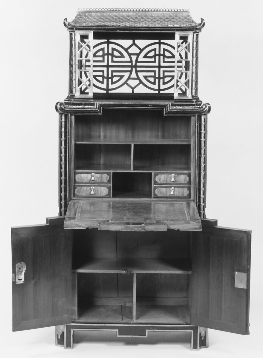 Drop-front secretaire (secrètaire à abattant), René Dubois (1737–1799, master 1755), Painted and varnished oak, veneered with European lacquer, mahogany, purplewood, gilt-bronze mounts, French, Paris