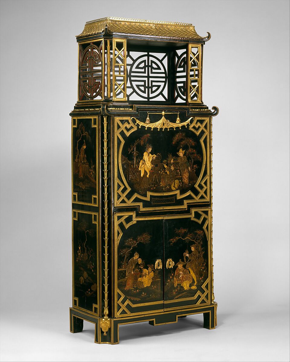 Drop-front secretaire (secrètaire à abattant), René Dubois (1737–1799, master 1755), Painted and varnished oak, veneered with European lacquer, mahogany, purplewood, gilt-bronze mounts, French, Paris 