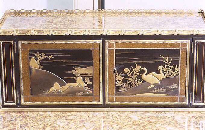 Desk (bonheur du jour), Claude-Charles Saunier (French, 1735–1807), Oak, veneered with ebony, Japanese lacquer, brecchilito marble and gilt-bronze mounts, French