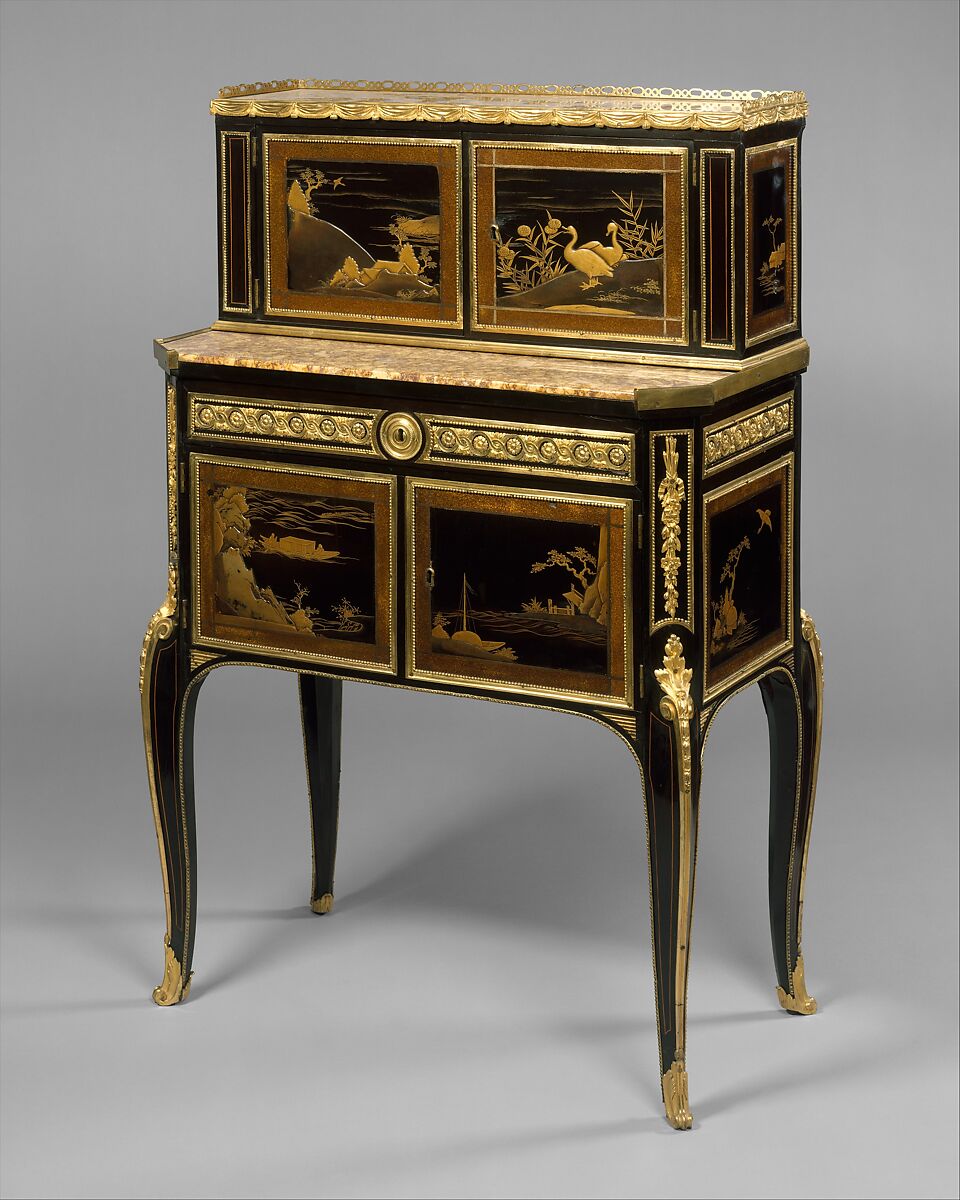 Desk (bonheur du jour), Claude-Charles Saunier (French, 1735–1807), Oak, veneered with ebony, Japanese lacquer, brecchilito marble and gilt-bronze mounts, French 