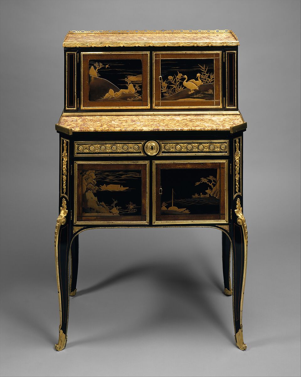 Desk (bonheur du jour), Claude-Charles Saunier (French, 1735–1807), Oak, veneered with ebony, Japanese lacquer, brecchilito marble and gilt-bronze mounts, French
