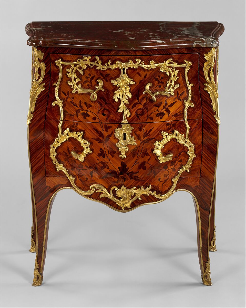 Commode, Roger Vandercruse, called Lacroix (French, 1727–1799), Oak veneered with tulip-, rose-, and end cut kingwood, gilt bronze, rouge griotte marble, French, Paris 