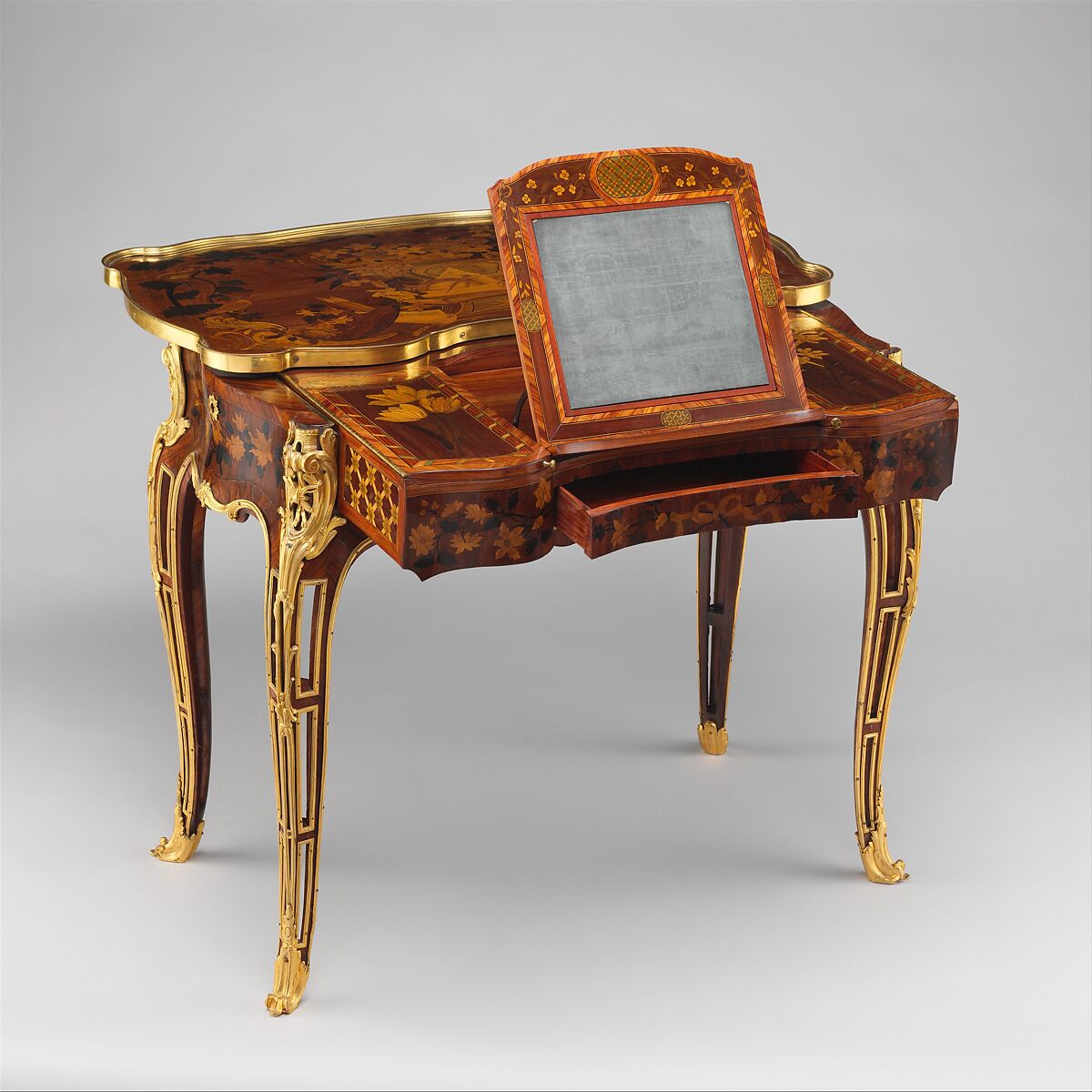 Mechanical table, Jean-François Oeben (French, born Germany, Heisenberg 1721–1763 Paris), Oak veneered with mahogany, kingwood, and tulipwood, with marquetry of mahogany, rosewood, holly, and various other woods; gilt-bronze mounts; imitation Japanese lacquer; replaced silk, French 