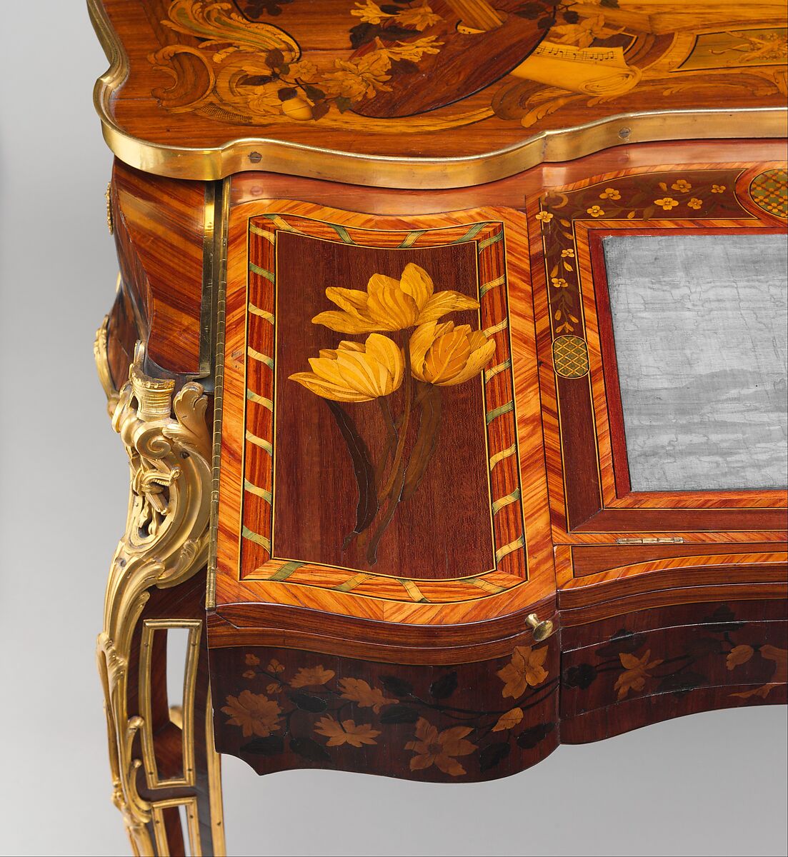 Mechanical table, Jean-François Oeben (French, born Germany, Heisenberg 1721–1763 Paris), Oak veneered with mahogany, kingwood, and tulipwood, with marquetry of mahogany, rosewood, holly, and various other woods; gilt-bronze mounts; imitation Japanese lacquer; replaced silk, French