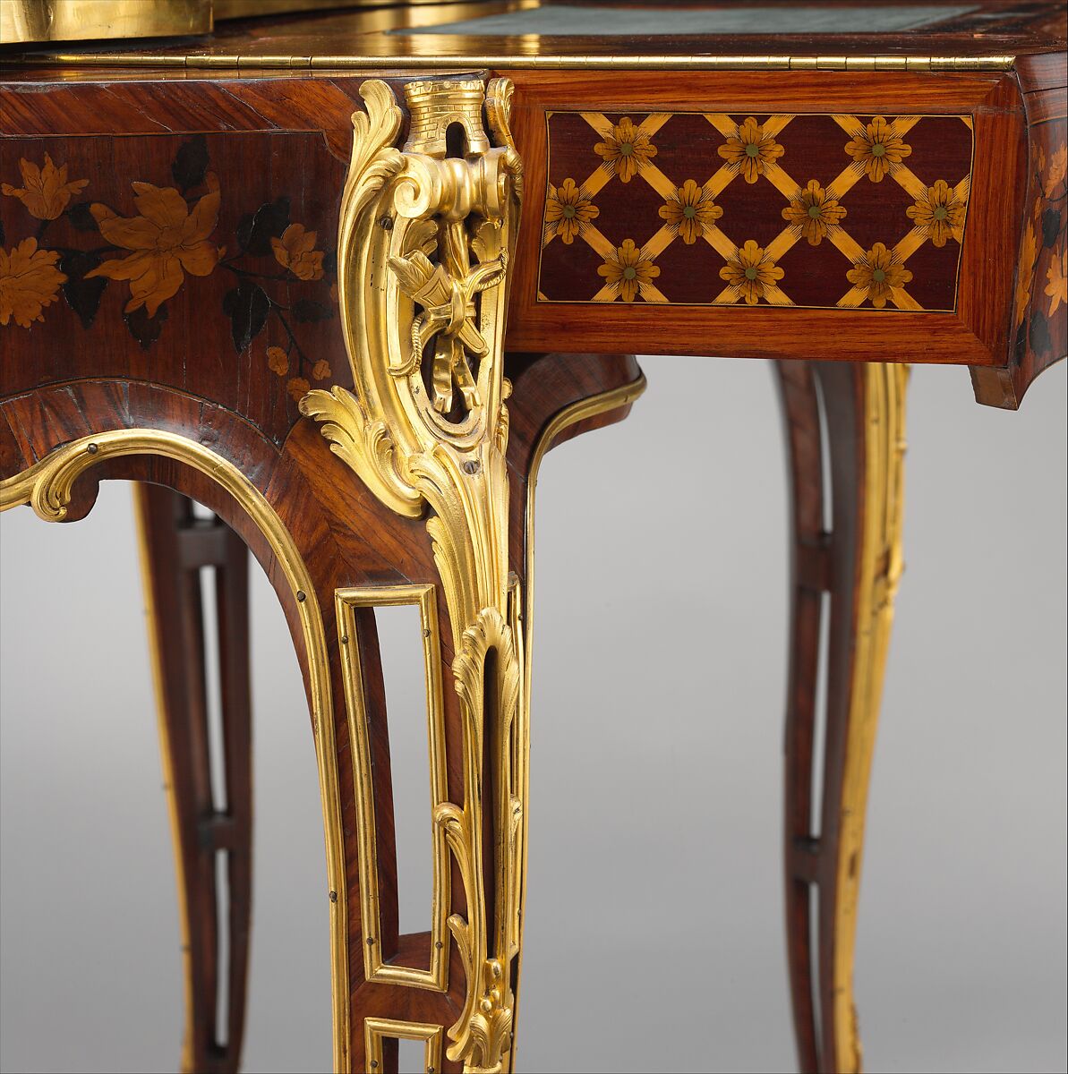 Mechanical table, Jean-François Oeben (French, born Germany, Heisenberg 1721–1763 Paris), Oak veneered with mahogany, kingwood, and tulipwood, with marquetry of mahogany, rosewood, holly, and various other woods; gilt-bronze mounts; imitation Japanese lacquer; replaced silk, French