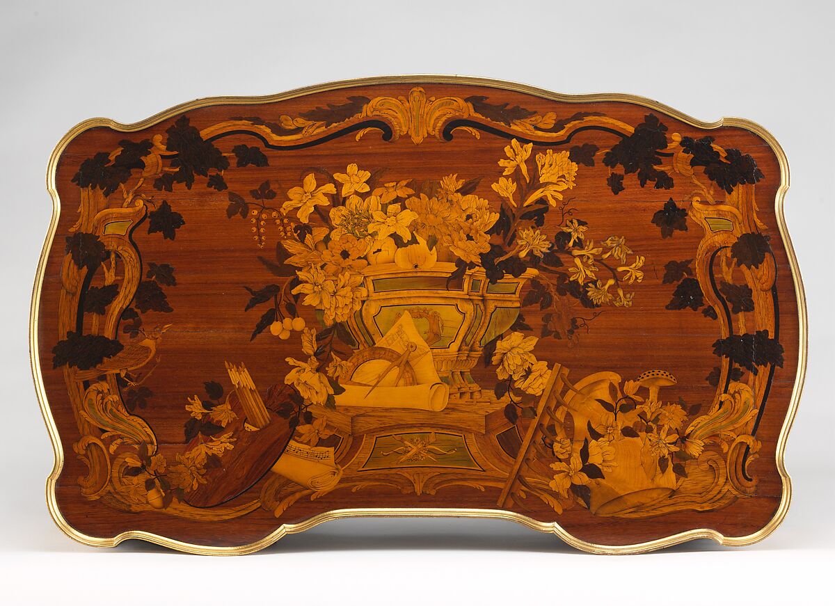 Mechanical table, Jean-François Oeben (French, born Germany, Heisenberg 1721–1763 Paris), Oak veneered with mahogany, kingwood, and tulipwood, with marquetry of mahogany, rosewood, holly, and various other woods; gilt-bronze mounts; imitation Japanese lacquer; replaced silk, French