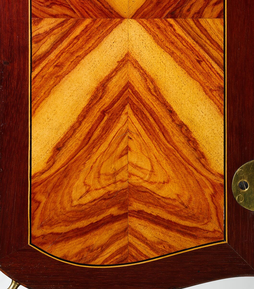 Mechanical table, Jean-François Oeben (French, born Germany, Heisenberg 1721–1763 Paris), Oak veneered with mahogany, kingwood, and tulipwood, with marquetry of mahogany, rosewood, holly, and various other woods; gilt-bronze mounts; imitation Japanese lacquer; replaced silk, French