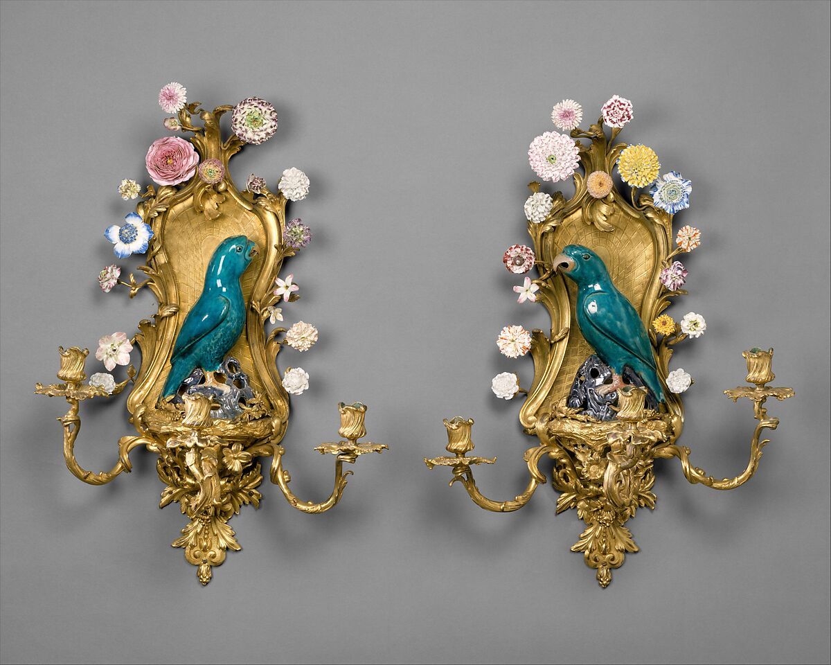 Wall light (one of a pair), Porcelain flowers by Vincennes Manufactory (French, ca. 1740–1756), Glazed biscuit Chinese porcelain parrots of K'ang Hsi period; soft-paste Vincennes porcelain flowers; 19th century hard-paste flowers; gilt bronze, French, Vincennes and Chinese 