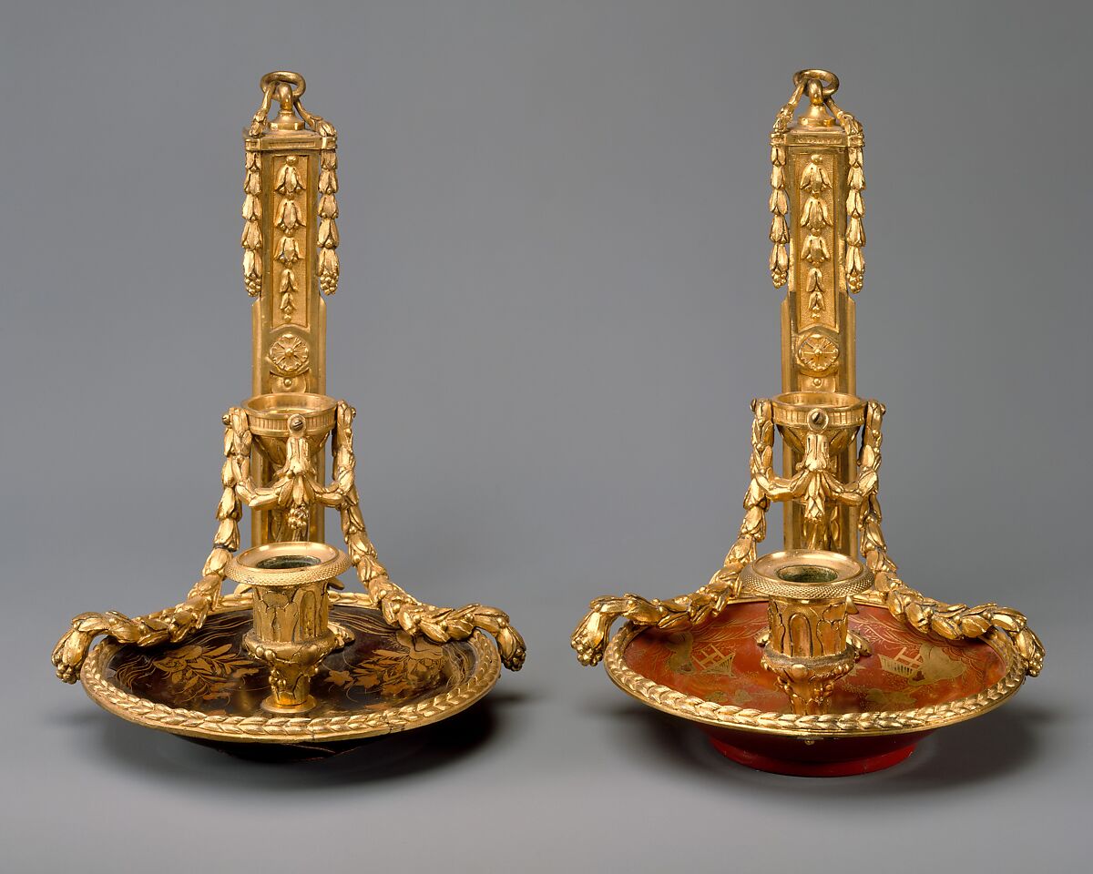 Pair of candlesticks, Japanese lacquer, gilt-bronze, French 