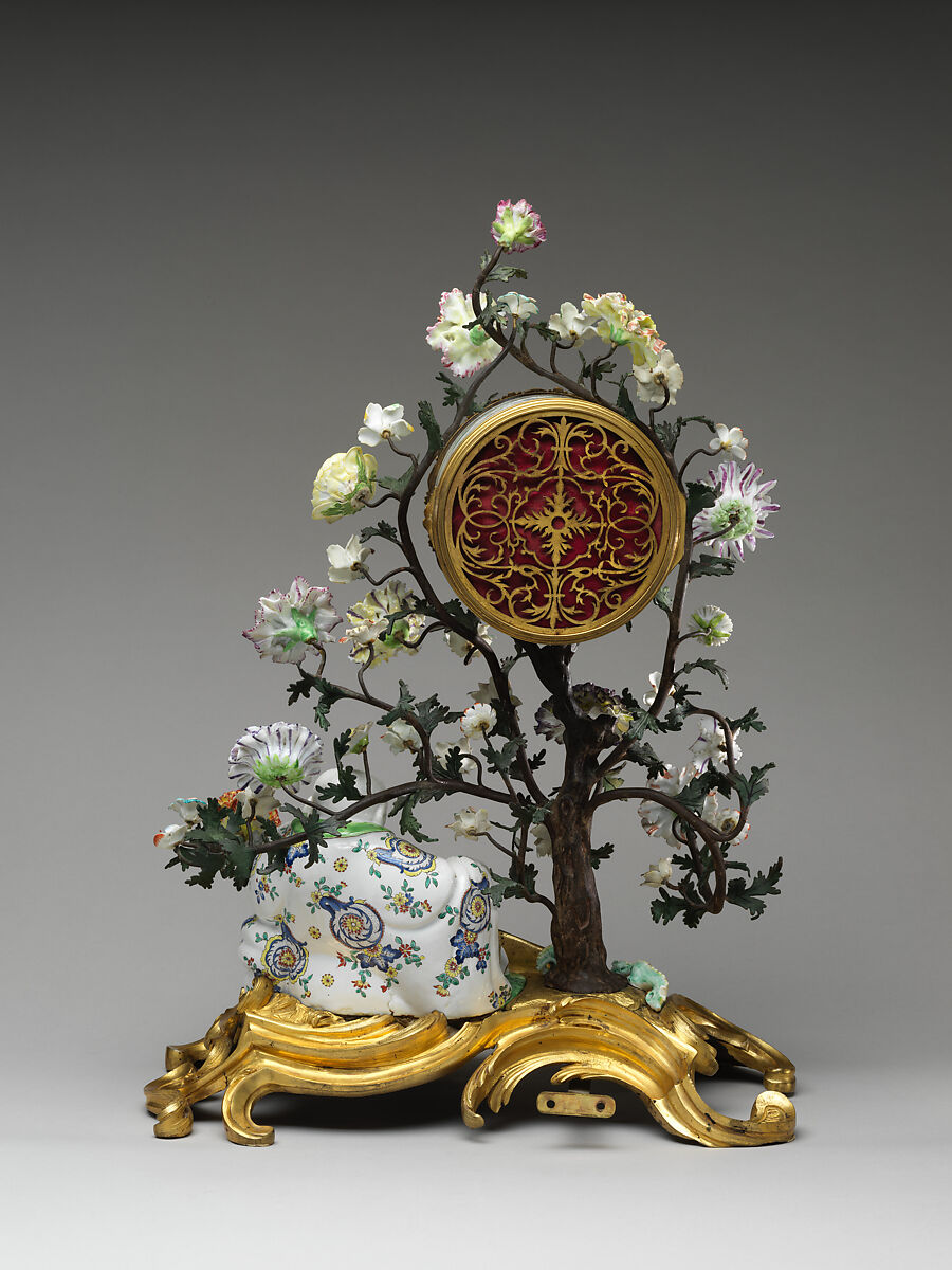Mantel clock, Clockmaker: Julien Le Roy (French, Tours 1686–1759 Paris), Chantilly soft-paste porcelain mounted on gilt bronze, flowers of soft- and hard-paste porcelain; clock face of white enameled metal, French, Paris with French, Chantilly case