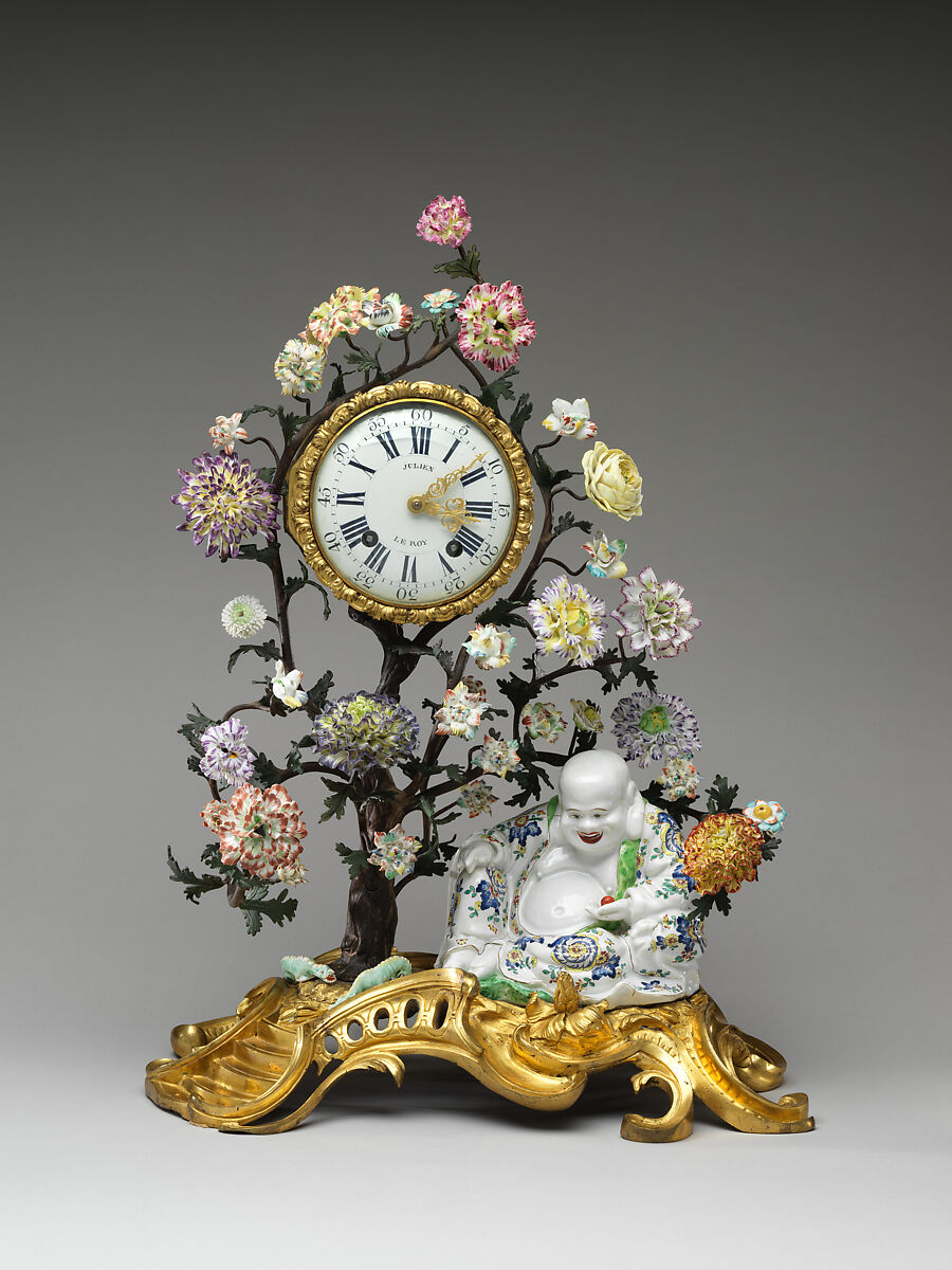 Mantel clock, Clockmaker: Julien Le Roy (French, Tours 1686–1759 Paris), Chantilly soft-paste porcelain mounted on gilt bronze, flowers of soft- and hard-paste porcelain; clock face of white enameled metal, French, Paris with French, Chantilly case 