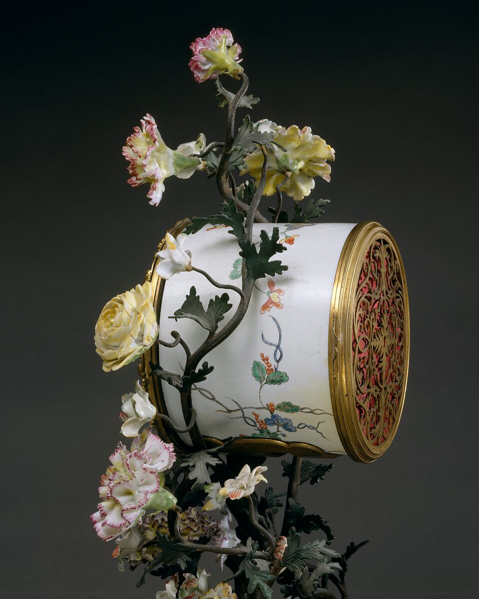Mantel clock, Clockmaker: Julien Le Roy (French, Tours 1686–1759 Paris), Chantilly soft-paste porcelain mounted on gilt bronze, flowers of soft- and hard-paste porcelain; clock face of white enameled metal, French, Paris with French, Chantilly case