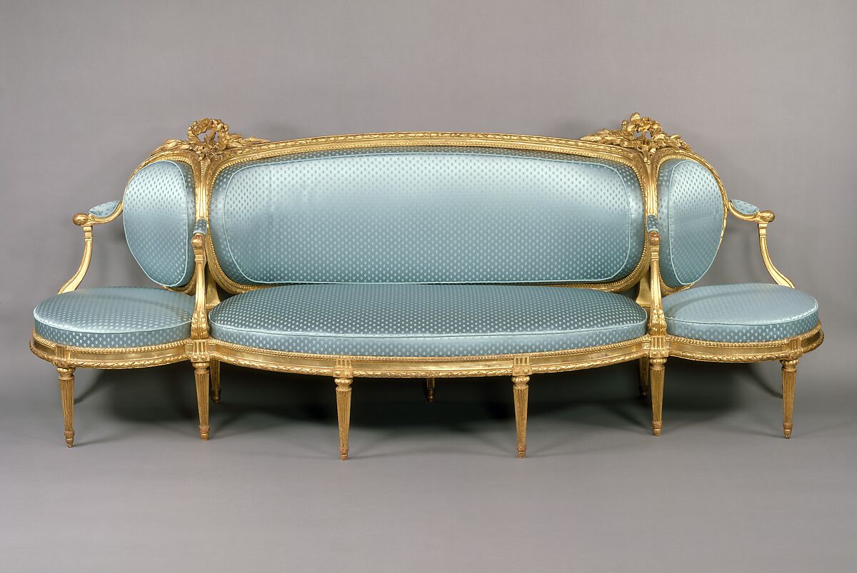 Sofa (canapé à confidents), Claude I Sené (French, 1724–1792), Carved and gilded beechwood upholstered in modern blue dotted silk, French 