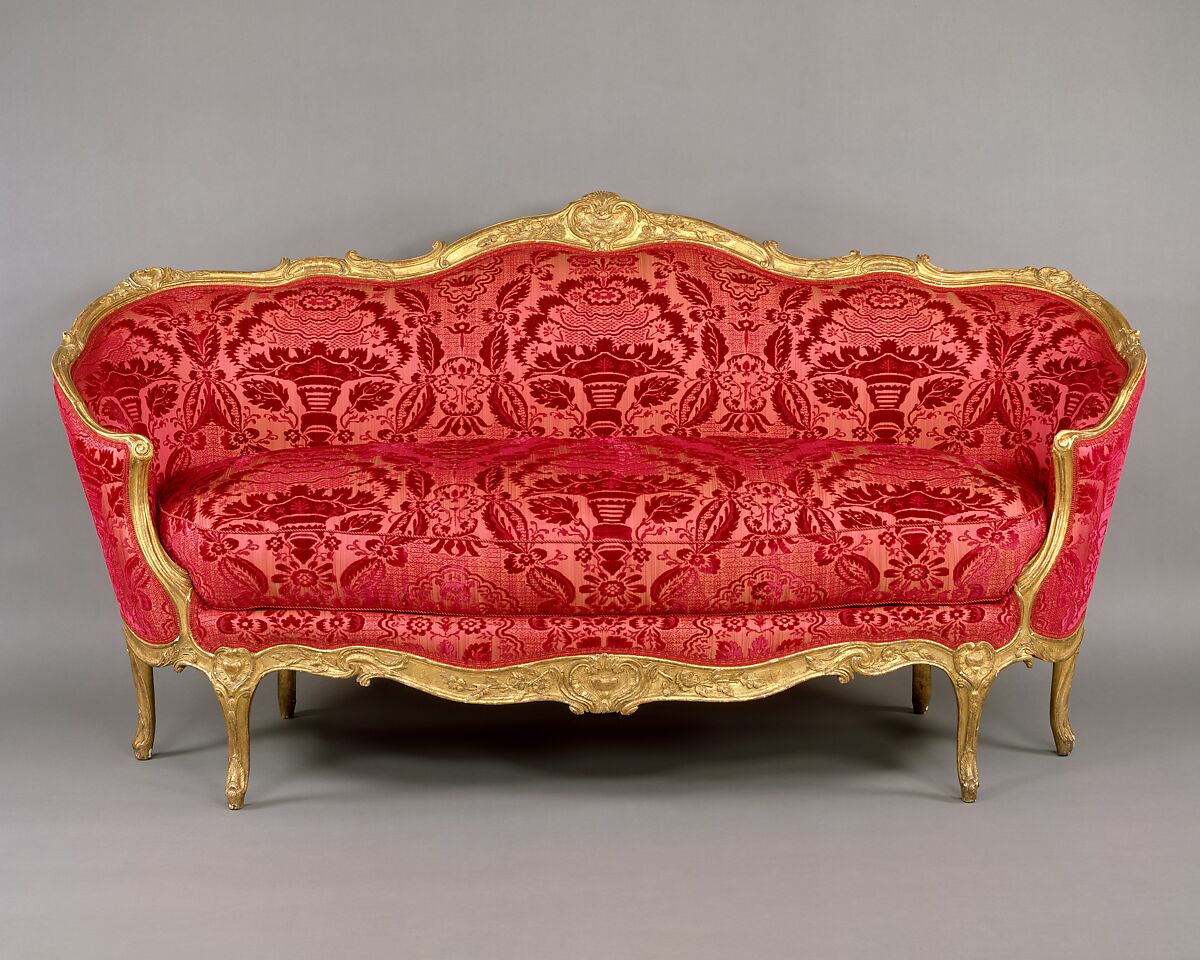 Sofa (ottomane veilleuse), Jean-Baptiste I Tilliard (French, 1686–1766) or, Carved and gilded beechwood, upholstered in modern red velours de Gênes, French 