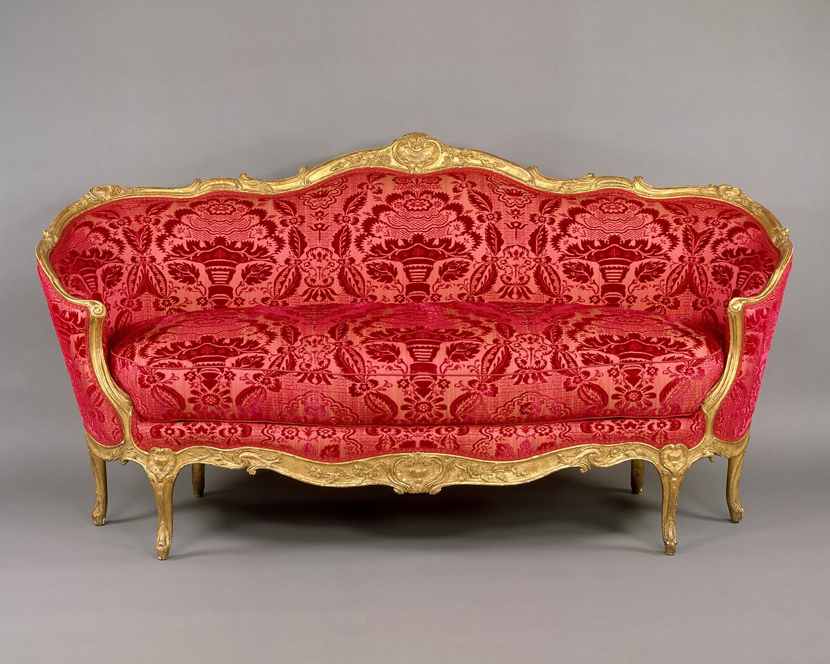 Sofa (ottomane veilleuse), Jean-Baptiste I Tilliard or French, Carved and gilded beechwood, upholstered in modern red velours de Gênes, French