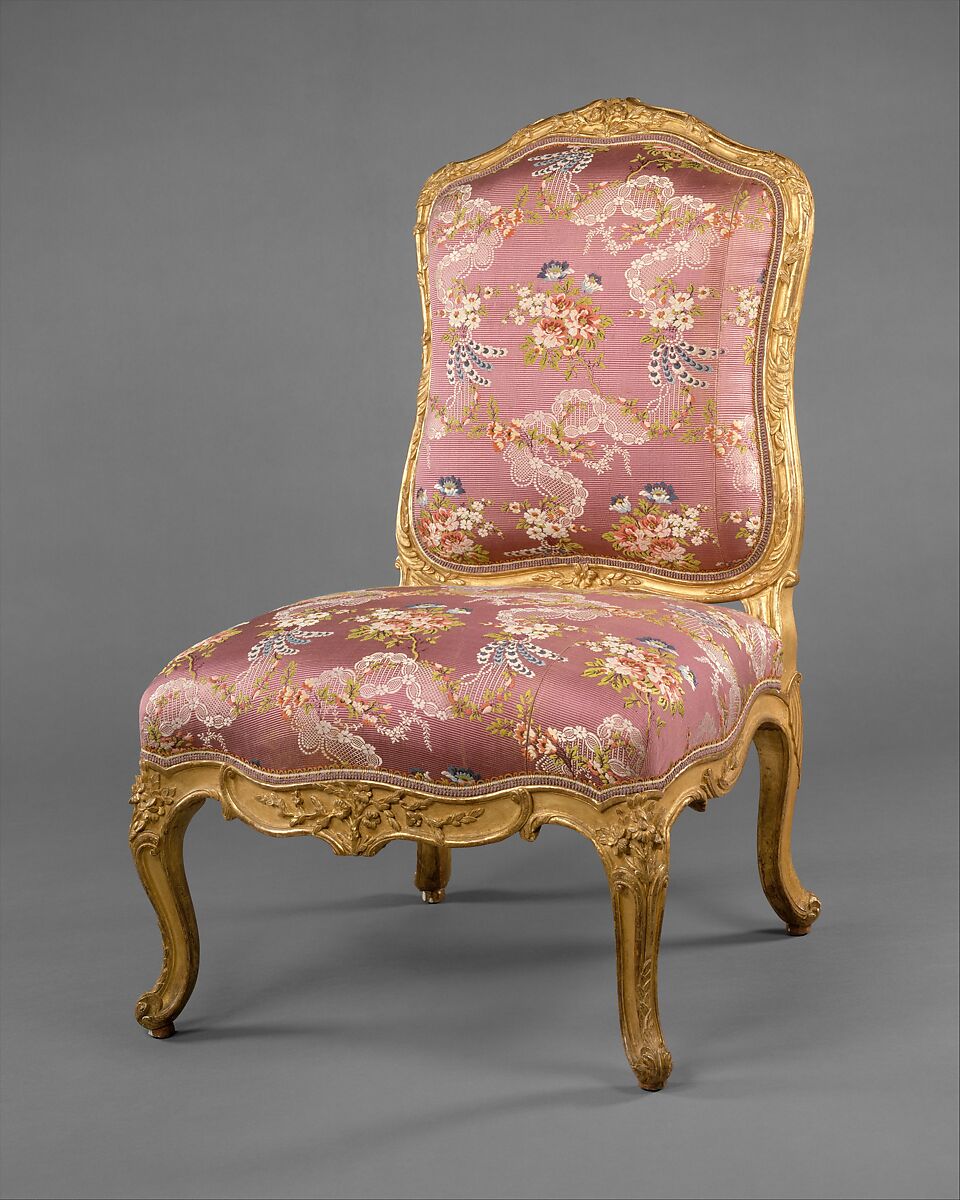 Pair of side chairs (chaises à la reine), Michel Gourdin (French, master 1752, died after 1777), Carved and gilded beechwood, 18th century lavender brocaded silk upholstery (not original), French 
