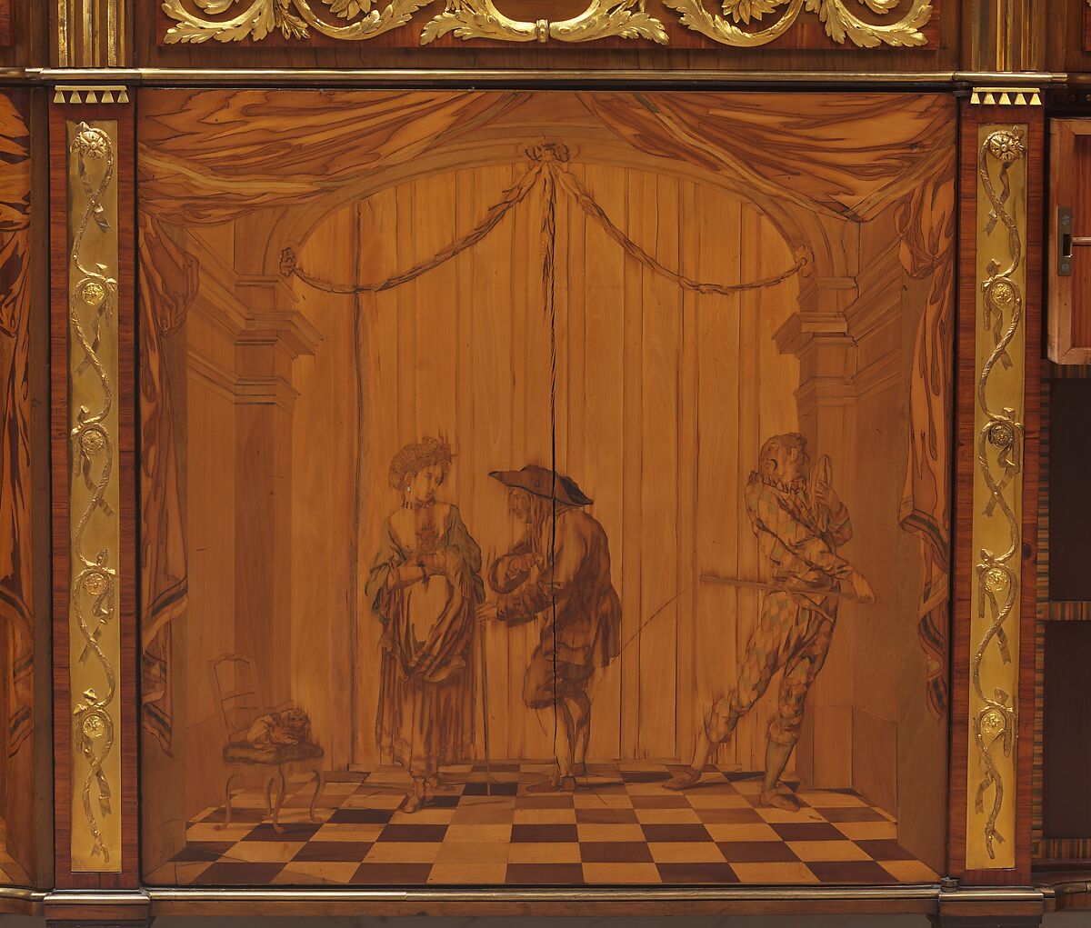 Commode à vantaux, David Roentgen (German, Herrnhaag 1743–1807 Wiesbaden, master 1780), Oak, pine, walnut, mahogany, and cherry veneered with hornbeam (partially stained), tulipwood, walnut, holly and maple (both partially stained), boxwood, mahogany, and other woods; red brocatelle marble; gilt bronze; iron, steel, and brass, German, Neuwied am Rhein