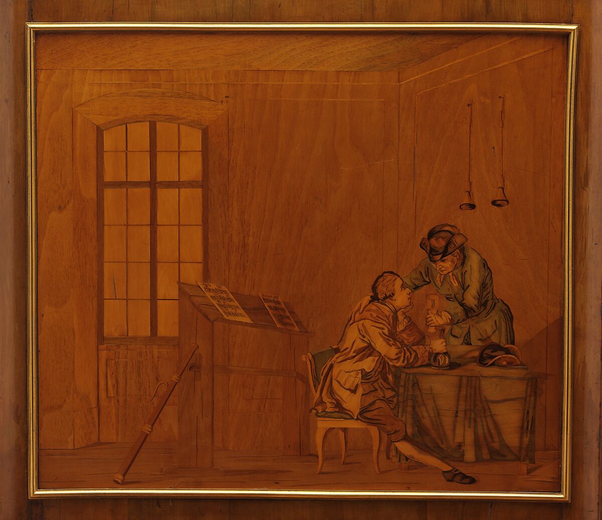 Commode à vantaux, David Roentgen (German, Herrnhaag 1743–1807 Wiesbaden, master 1780), Oak, pine, walnut, mahogany, and cherry veneered with hornbeam (partially stained), tulipwood, walnut, holly and maple (both partially stained), boxwood, mahogany, and other woods; red brocatelle marble; gilt bronze; iron, steel, and brass, German, Neuwied am Rhein