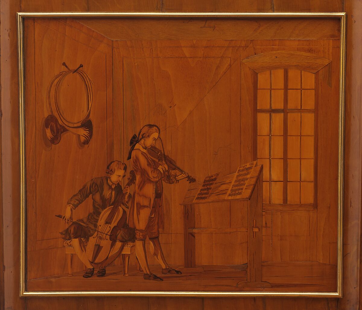 Commode à vantaux, David Roentgen (German, Herrnhaag 1743–1807 Wiesbaden, master 1780), Oak, pine, walnut, mahogany, and cherry veneered with hornbeam (partially stained), tulipwood, walnut, holly and maple (both partially stained), boxwood, mahogany, and other woods; red brocatelle marble; gilt bronze; iron, steel, and brass, German, Neuwied am Rhein