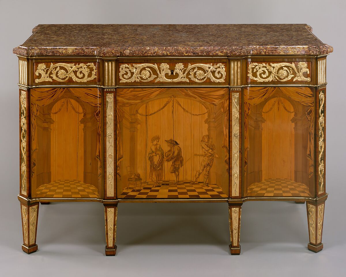 Commode à vantaux, David Roentgen (German, Herrnhaag 1743–1807 Wiesbaden, master 1780), Oak, pine, walnut, mahogany, and cherry veneered with hornbeam (partially stained), tulipwood, walnut, holly and maple (both partially stained), boxwood, mahogany, and other woods; red brocatelle marble; gilt bronze; iron, steel, and brass, German, Neuwied am Rhein
