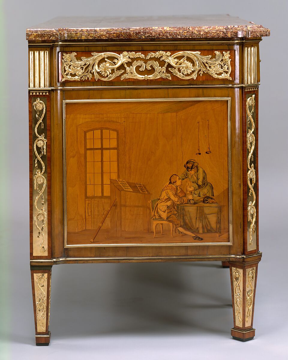 Commode à vantaux, David Roentgen (German, Herrnhaag 1743–1807 Wiesbaden, master 1780), Oak, pine, walnut, mahogany, and cherry veneered with hornbeam (partially stained), tulipwood, walnut, holly and maple (both partially stained), boxwood, mahogany, and other woods; red brocatelle marble; gilt bronze; iron, steel, and brass, German, Neuwied am Rhein