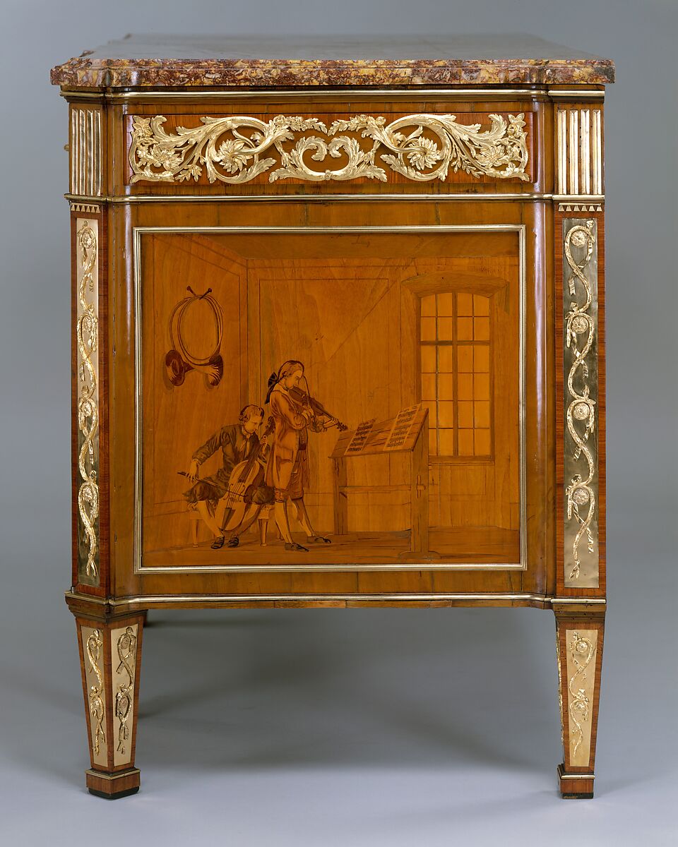 Commode à vantaux, David Roentgen (German, Herrnhaag 1743–1807 Wiesbaden, master 1780), Oak, pine, walnut, mahogany, and cherry veneered with hornbeam (partially stained), tulipwood, walnut, holly and maple (both partially stained), boxwood, mahogany, and other woods; red brocatelle marble; gilt bronze; iron, steel, and brass, German, Neuwied am Rhein