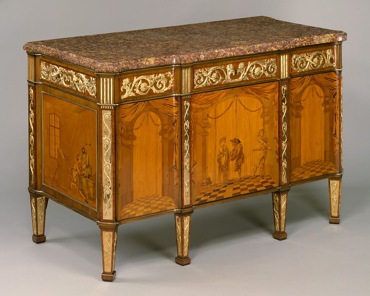 Commode à vantaux, David Roentgen  German, Oak, pine, walnut, mahogany, and cherry veneered with hornbeam (partially stained), tulipwood, walnut, holly and maple (both partially stained), boxwood, mahogany, and other woods; red brocatelle marble; gilt bronze; iron, steel, and brass, German, Neuwied am Rhein