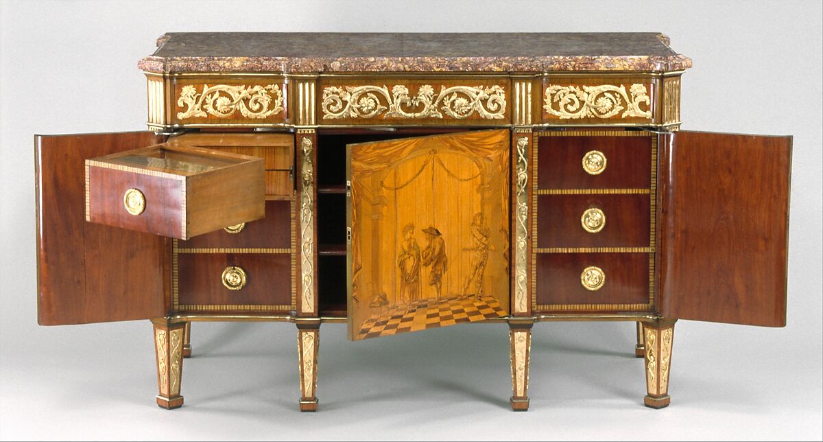 Commode à vantaux, David Roentgen (German, Herrnhaag 1743–1807 Wiesbaden, master 1780), Oak, pine, walnut, mahogany, and cherry veneered with hornbeam (partially stained), tulipwood, walnut, holly and maple (both partially stained), boxwood, mahogany, and other woods; red brocatelle marble; gilt bronze; iron, steel, and brass, German, Neuwied am Rhein