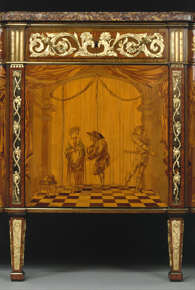 Commode à vantaux, David Roentgen (German, Herrnhaag 1743–1807 Wiesbaden, master 1780), Oak, pine, walnut, mahogany, and cherry veneered with hornbeam (partially stained), tulipwood, walnut, holly and maple (both partially stained), boxwood, mahogany, and other woods; red brocatelle marble; gilt bronze; iron, steel, and brass, German, Neuwied am Rhein