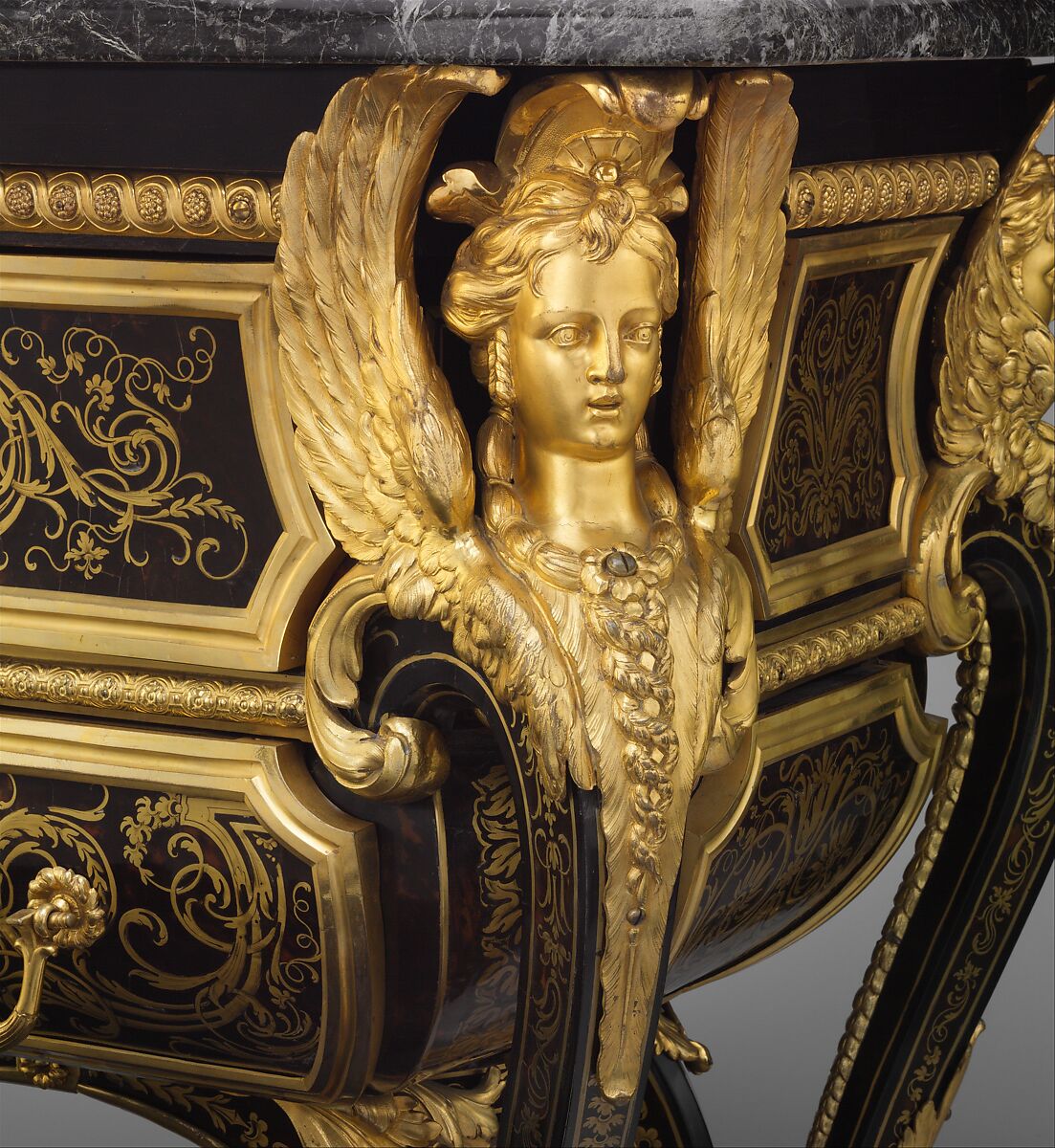 Commode, André Charles Boulle (French, Paris 1642–1732 Paris), Walnut veneered with ebony, marquetry of engraved brass and tortoiseshell, gilt-bronze mounts, verd antique marble, French