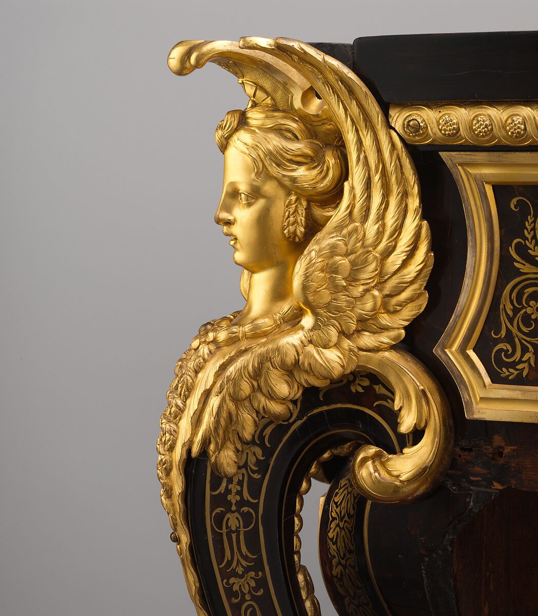 Commode, André Charles Boulle (French, Paris 1642–1732 Paris), Walnut veneered with ebony, marquetry of engraved brass and tortoiseshell, gilt-bronze mounts, verd antique marble, French