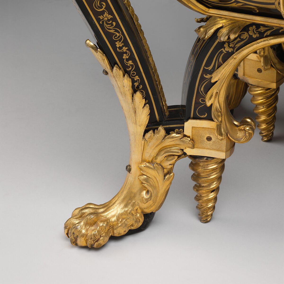 Commode, André Charles Boulle (French, Paris 1642–1732 Paris), Walnut veneered with ebony, marquetry of engraved brass and tortoiseshell, gilt-bronze mounts, verd antique marble, French