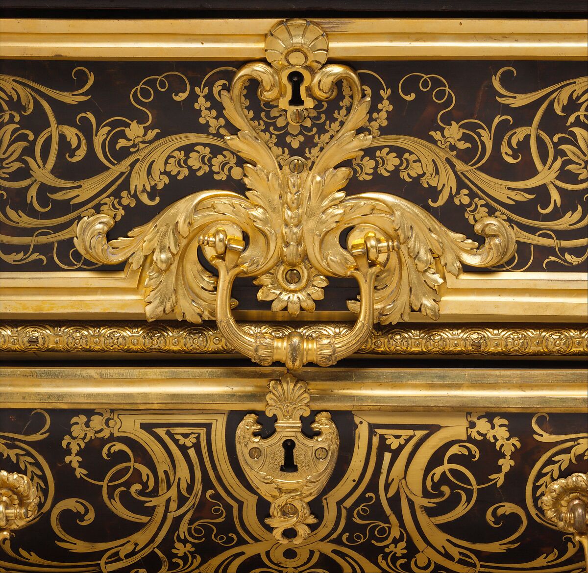 Commode, André Charles Boulle (French, Paris 1642–1732 Paris), Walnut veneered with ebony, marquetry of engraved brass and tortoiseshell, gilt-bronze mounts, verd antique marble, French
