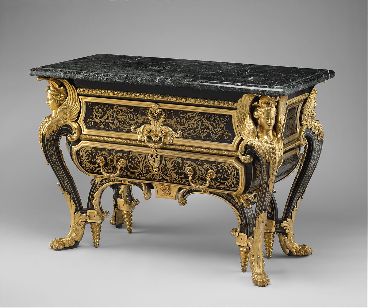 Commode, André Charles Boulle (French, Paris 1642–1732 Paris), Walnut veneered with ebony, marquetry of engraved brass and tortoiseshell, gilt-bronze mounts, verd antique marble, French 