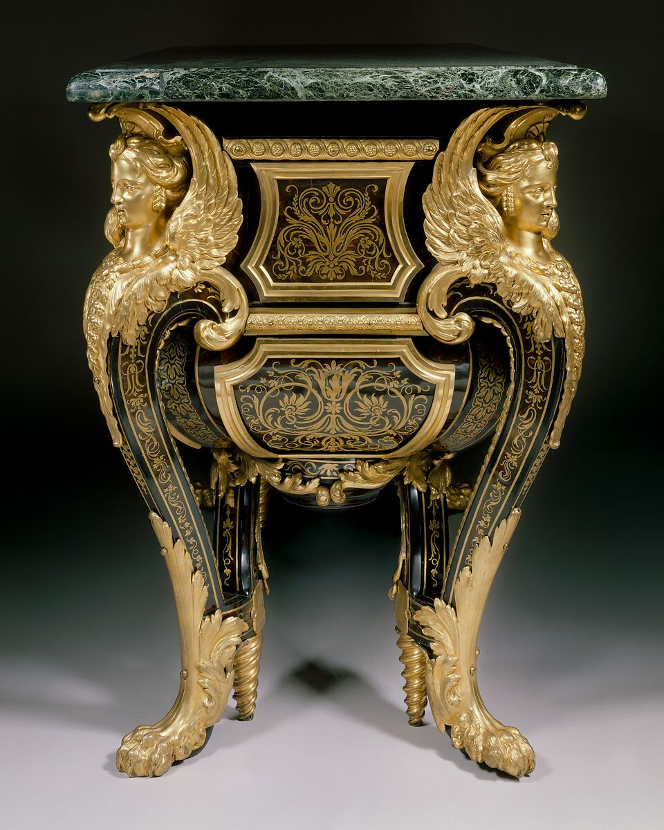 Commode, André Charles Boulle (French, Paris 1642–1732 Paris), Walnut veneered with ebony, marquetry of engraved brass and tortoiseshell, gilt-bronze mounts, verd antique marble, French