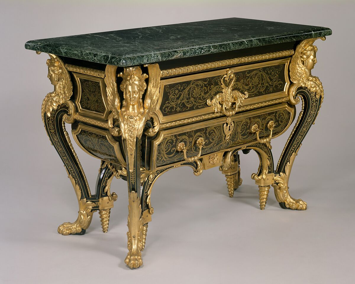 Commode, André Charles Boulle (French, Paris 1642–1732 Paris), Walnut veneered with ebony, marquetry of engraved brass and tortoiseshell, gilt-bronze mounts, verd antique marble, French