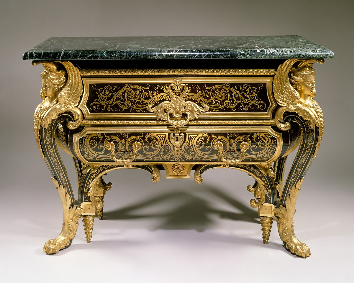 Commode, André Charles Boulle (French, Paris 1642–1732 Paris), Walnut veneered with ebony, marquetry of engraved brass and tortoiseshell, gilt-bronze mounts, verd antique marble, French