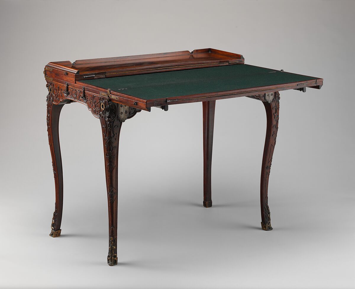 Traveling table (table de voyage or table pliante), Carved walnut; gilt-bronze mounts; steel hinges; linings of felt and leather, French