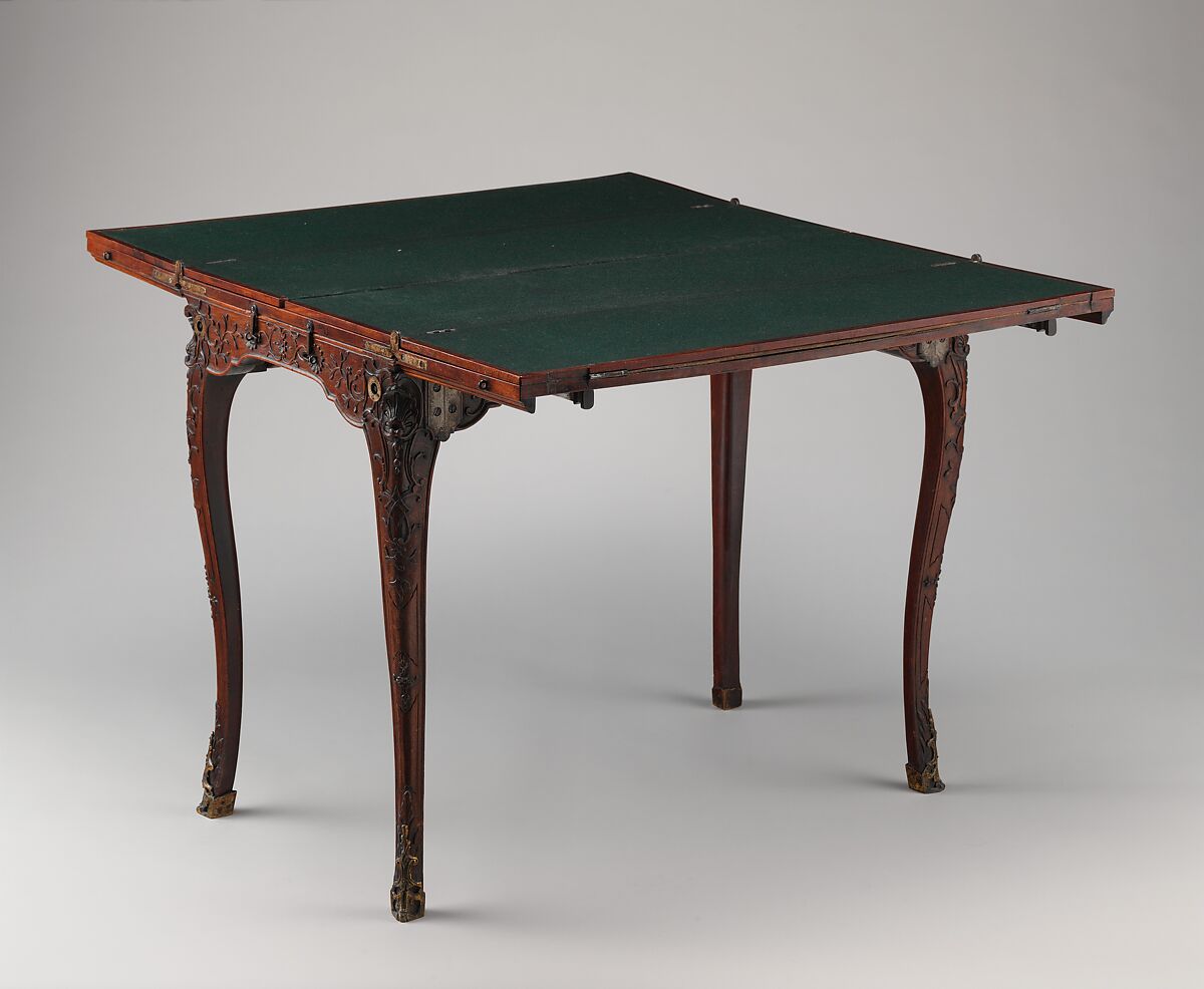 Traveling table (table de voyage or table pliante), Carved walnut; gilt-bronze mounts; steel hinges; linings of felt and leather, French