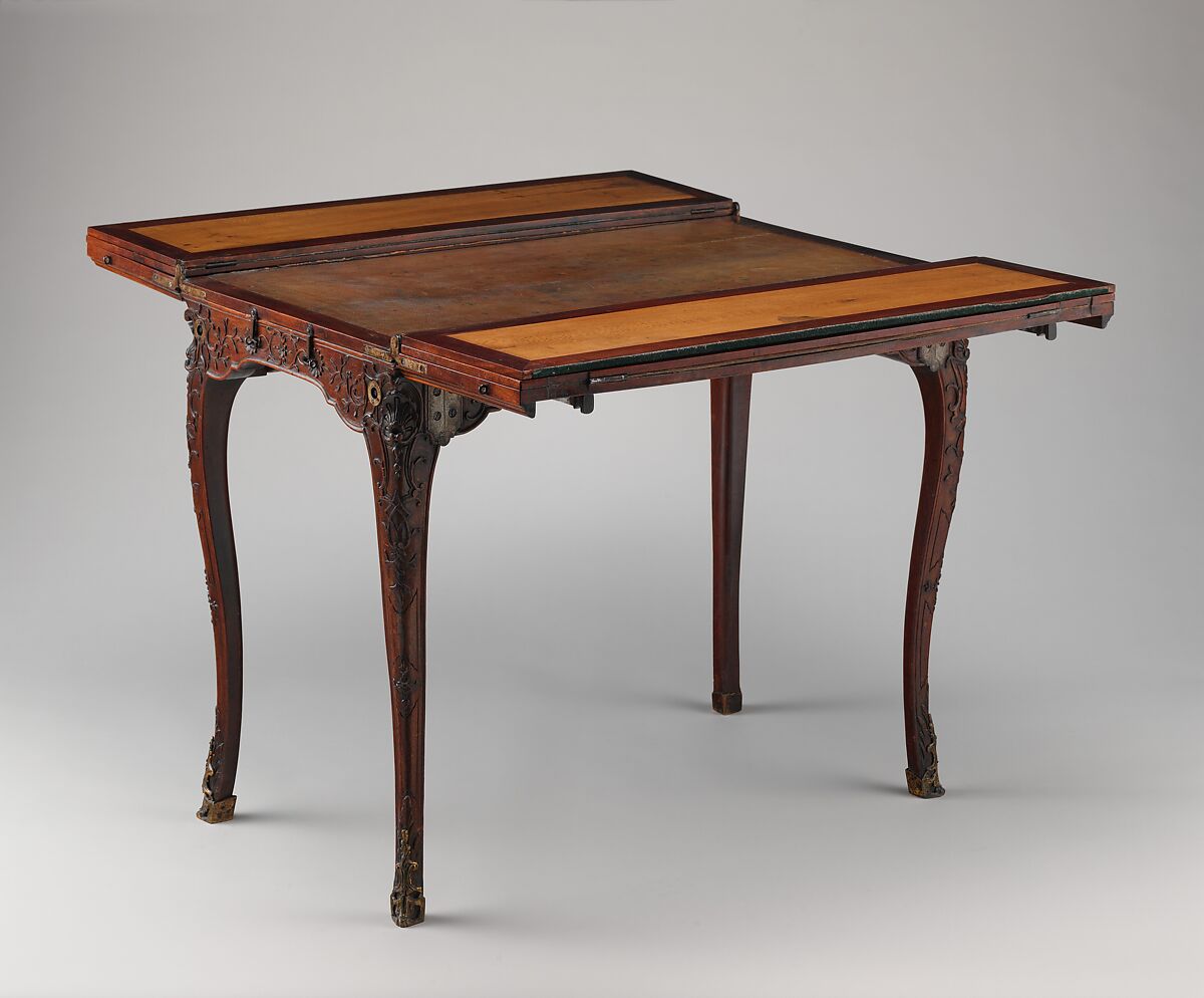 Traveling table (table de voyage or table pliante), Carved walnut; gilt-bronze mounts; steel hinges; linings of felt and leather, French