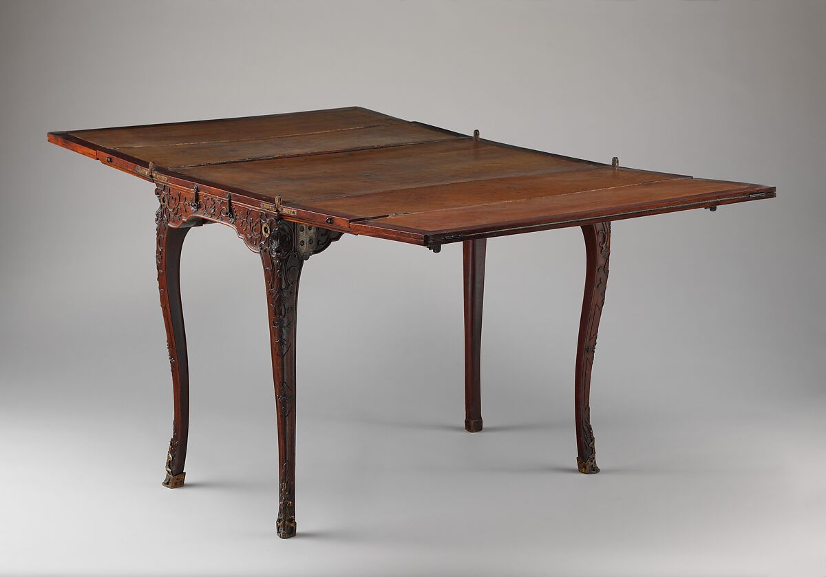 Traveling table (table de voyage or table pliante), Carved walnut; gilt-bronze mounts; steel hinges; linings of felt and leather, French