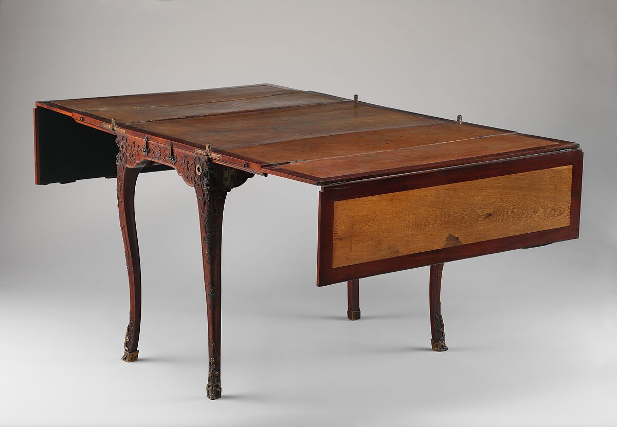 Traveling table (table de voyage or table pliante), Carved walnut; gilt-bronze mounts; steel hinges; linings of felt and leather, French