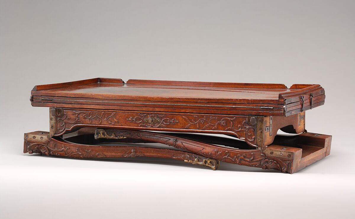 Traveling table (table de voyage or table pliante), Carved walnut; gilt-bronze mounts; steel hinges; linings of felt and leather, French