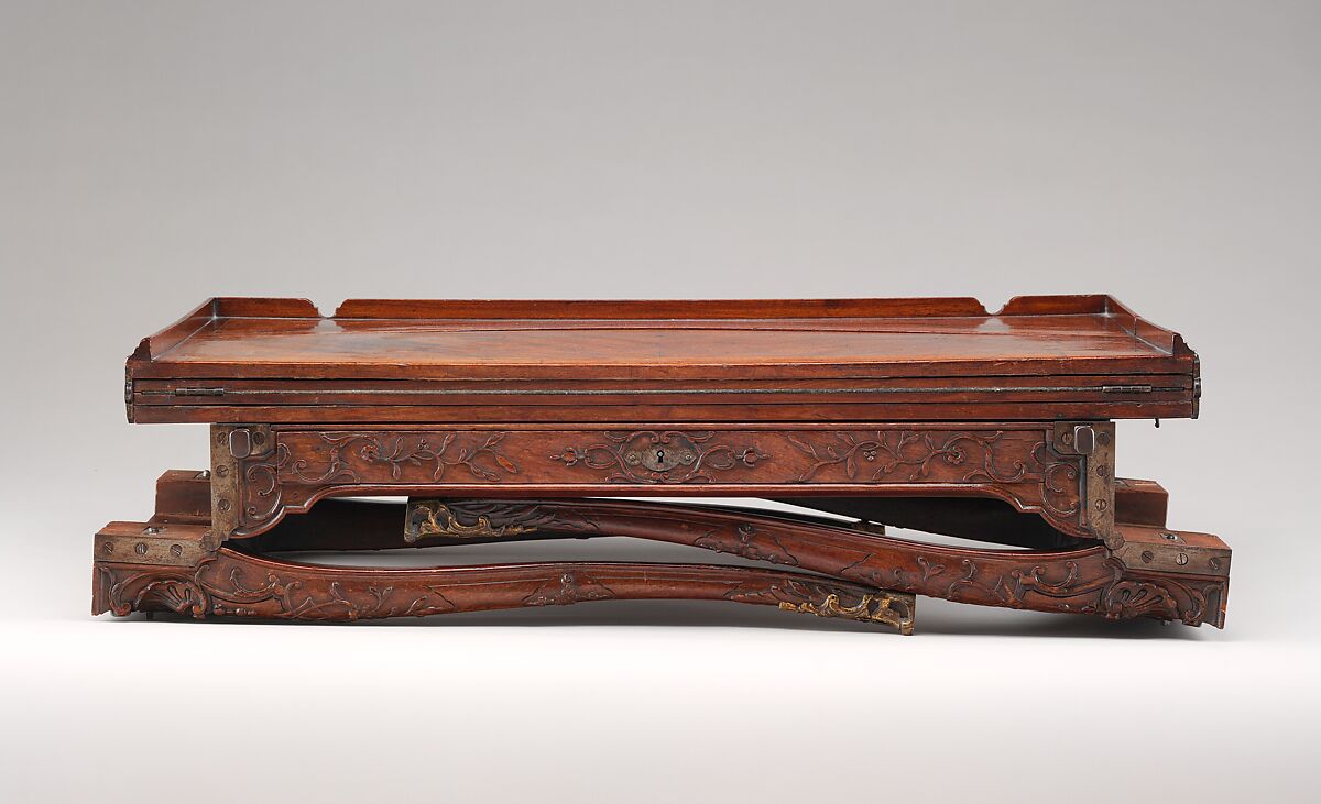 Traveling table (table de voyage or table pliante), Carved walnut; gilt-bronze mounts; steel hinges; linings of felt and leather, French