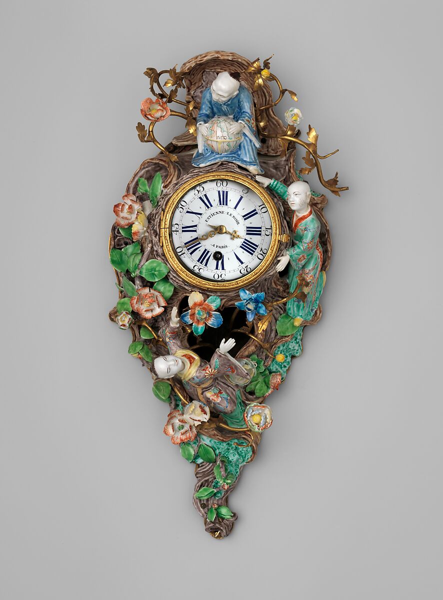Wall clock (cartel), Clockmaker: Etienne LeNoir (French, 1675–1739), Case: soft-paste porcelain and partly gilded brass; Dial: white enamel; Movement: brass and steel, French, Paris with French, Chantilly case 
